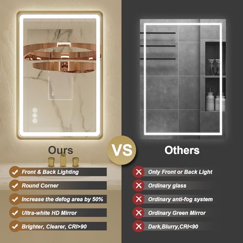 LED Bathroom Mirror 24x36 with Gold Frame, Dimmable & Anti-Fog