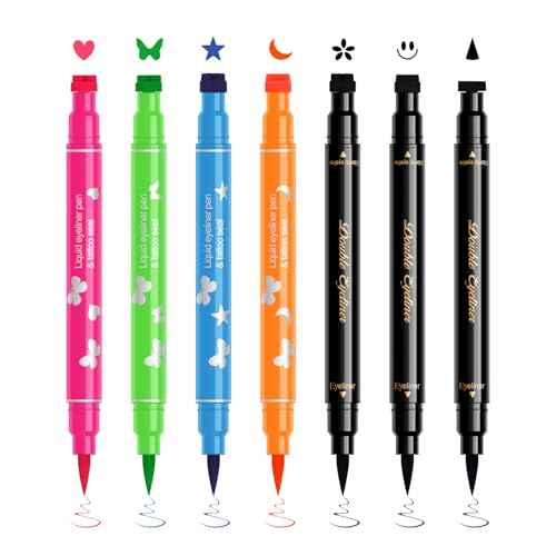 Ownest 7Pcs Colorful Eyeliner Stamp, Eye Liners Face Stamp for Cosplay Makeup, Black Blue Red Pink Orange Star Flowers Heart Moon Triangle Butterfly Smile Stamps Eyeliner Set