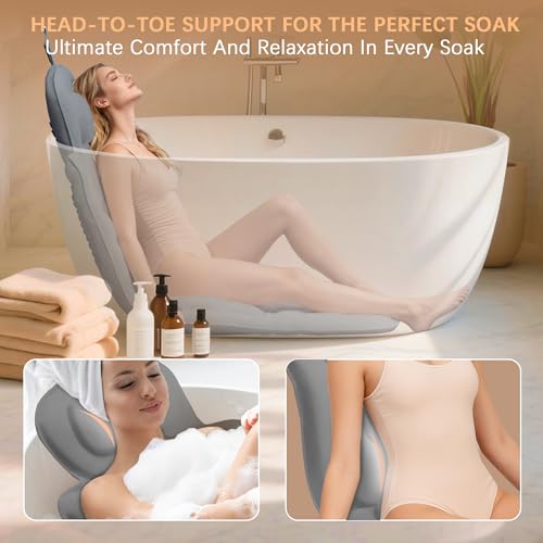Ergonomic Full Body Bath Pillow for Bathtub, 5D Luxury Spa Cushion with 114 Non-Slip Suction Cups, Extra Long Thick Bath Pillow for Full Body Support, for Adult with Laundry Bag & Hook (Grey) (Gray)