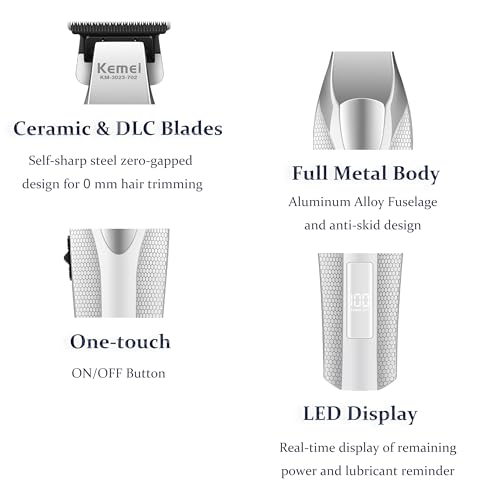 KEMEI 3023-702 Hair & Beard Trimmer for Men, 9000 RPM Zero Gapped Trimmers for Barbers with Full Metal Body, Professional Hair Clippers with LED Display, Ceramic and DLC Blades