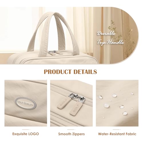 Travel Toiletry Bag with Jewelry Organizer,Hanging Toiletry Bag Carry-on Puffy Cosmetic Make up Bag Organizer for Travel Accessories,Essentials,Toiletries,Apricot