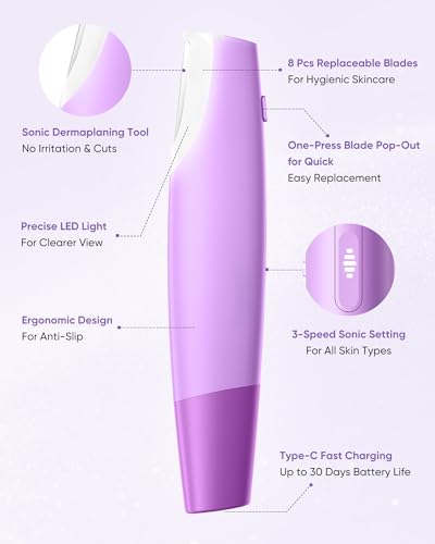 Sonic Dermaplaning Tool for Women Face with LED Light & 8 Blades