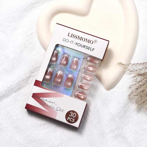 Press on Nails Short Square, Nude Pink French Tip Nail Press ons with Shimmer, Salon-quality 30Pcs Stick on Nails Kit, Reusable False Nails for Women (L2270)