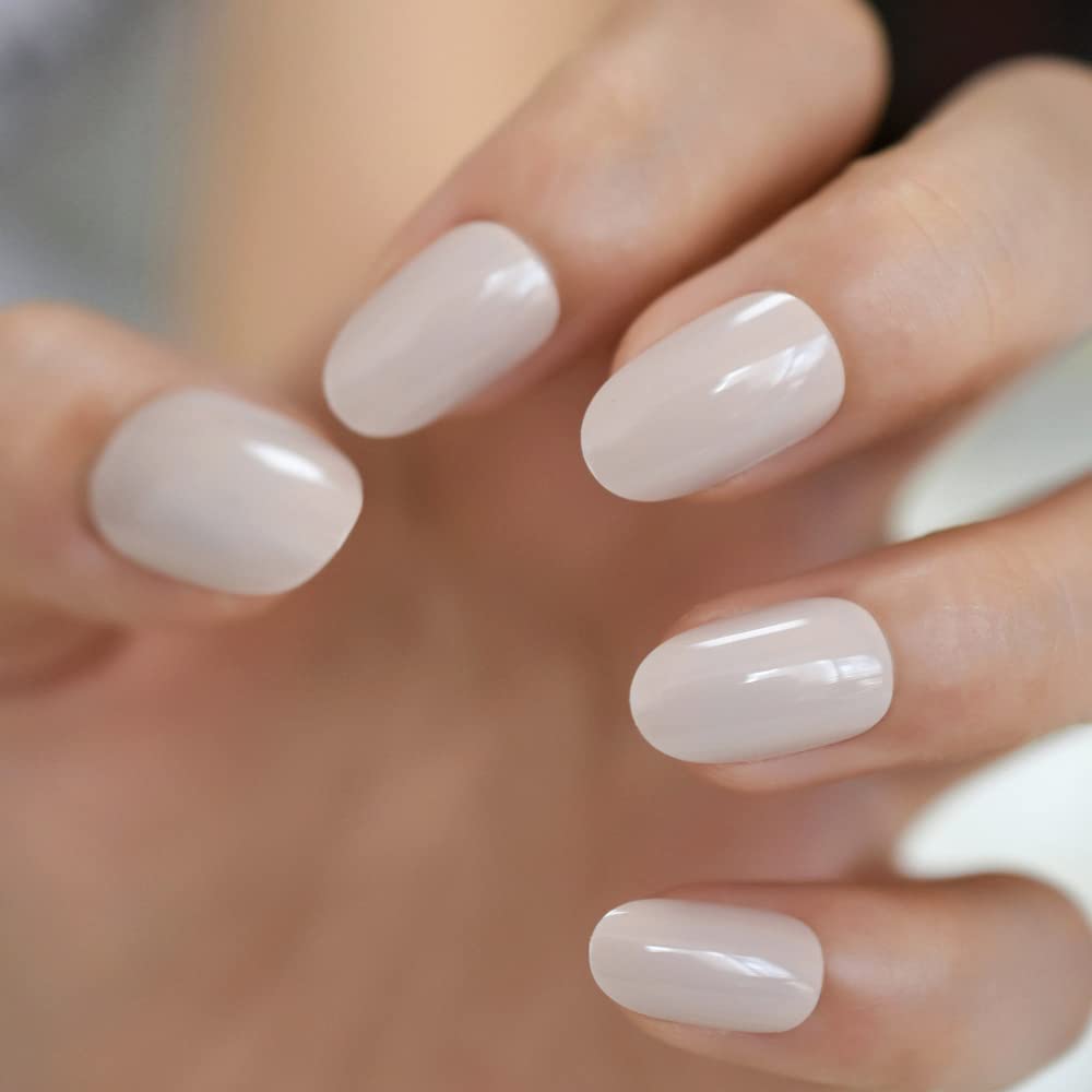 ELEVENAIL Natural Glossy Nude Press On False Nails Short Oval Acrylic Nail Art Tips Salon Women Girls DIY Manicure Daily Reusable Stick On Fake Nails for Daily Office Home Party