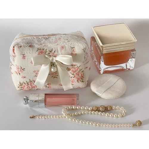 Floral Makeup Bag Set of 2 with Pearl Lace Bow + Silk Eye Mask, Coquette Accessories, Aesthetic Cute Makeup Bags for Women, Large & Small Pouch Set, Cotton Pouches for Purse, Gift Set for Women Girls