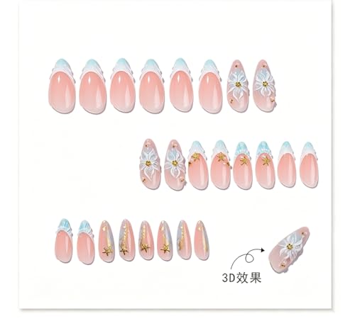 Medium Almond Press On Nails - Ocean Blue Starfish 24Pcs