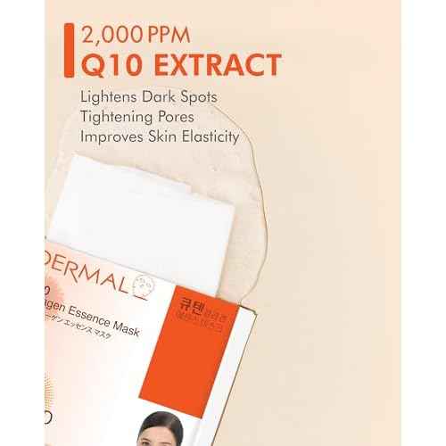 DERMAL Q10 Collagen Essence Facial Mask Sheet 23g Pack of 10 - Coenzyme Q10, Anti Wrinkle and Anti Aging, Skin Elasticity, Daily Skin Treatment Solution Sheet Mask