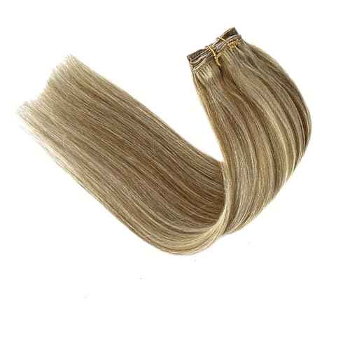 Clip in Hair Extensions Human Hair Light Blonde Mix Golden Blonde Highlights Real Human Hair Extension 12Inch 7pcs 70g Straight Silky Blonde Clip ins for Women