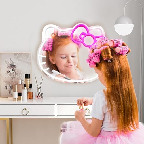Anime Hello Kit Cat Neon Sign Mirror 12 * 9.5 inch Vanity Mirror with Lights Bedroom Wall Mirror for Pink Room Decor and a Makeup Mirror with Lights Teen Girl Gifts