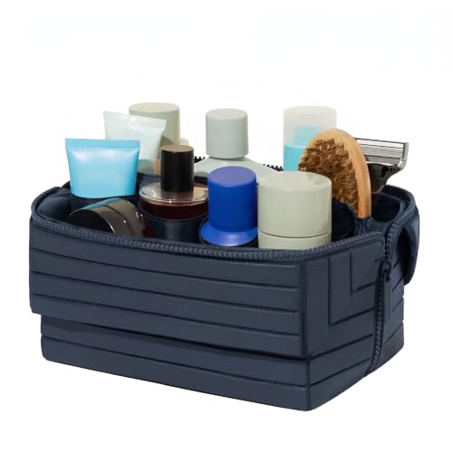 Decumeby Navy Blue Foldable Travel Makeup Bag with Compartments Waterproof PU Leather
