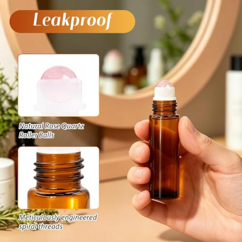 60 Pack Rose Quartz Essential Oil Roller Bottles - 10ml Amber Glass