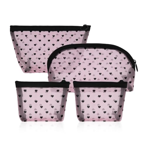 Pink Mesh Makeup Bag Set - 4 Pcs Heart Print Clear Cosmetic Organizer, Travel & Toiletry Bags