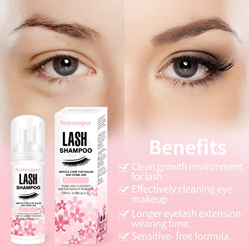 Lash Shampoo for Eyelash 100ML + Brush & Mascara Wand Eyelid Foaming Cleansing, Eyelash Extension Cleanser Remover,Makeup Remover,Salon and Home Use