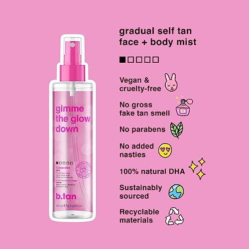 b.tan Clear Face Tan Mist | Gimme The Glow Down - Best Facial Tanner Spray, Gradual Bronzing Sunless Tanning Water, Infused with Rosewater, Vegan, Cruelty Free, 6.7 Fl Oz