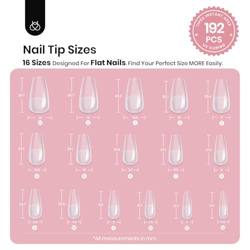 Beetles Tipex Instant Apex Nail Tips - Clear Medium Coffin, 192pcs, 16 Sizes
