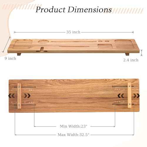 Bathtub Tray for Freestanding Bath, Solid Pine Wood Bath Tray for Tub, Bath Caddy for Home Spa, Adjustable Bathtub Trays for Tub, with Bathtub Accessories Holders, Patent Design, 35x9