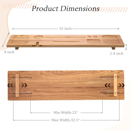Bathtub Tray for Freestanding Bath, Solid Pine Wood Bath Tray for Tub, Bath Caddy for Home Spa, Adjustable Bathtub Trays for Tub, with Bathtub Accessories Holders, Patent Design, 35x9