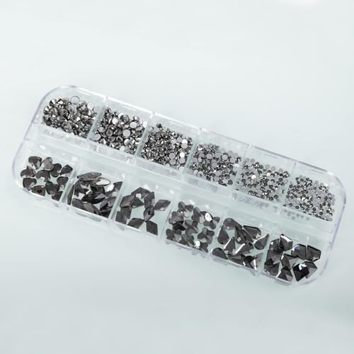 QEZEZA Nail Art Rhinestones Kit, Rhinestone Nail Face Gems, Nail Art Ab Flatback Rhinestones Gems Stones with Storage Organizer Box, (1.5mm - 10mm) 1000PCS 12 Sizes - Clear Black