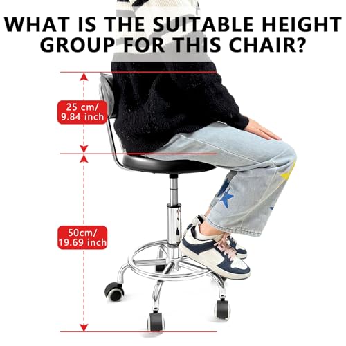 Chair with Wheels PU Leather, with Backrest, Height Adjustable, 360¡Æ Swivelling Armless Barstool with Footrest, Ideal for Pubs, Restaurants, Offices, Homes, Tattoos, Massages (Black)