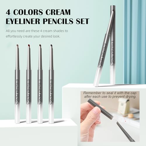 4 Pcs Waterline Eyeliner Pencil Set, Waterproof Matte Eyeliner Pens, Smooth and Long-Lasting Gel Cream Eye Liner Pencils kit Makeup for Women, Black & Brown & Burgundy & Light Brown