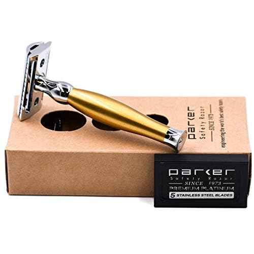 Parker 48R Heavyweight 3-Piece Double Edge Razor – Matte Gold Finish with 5 Premium Platinum Double Edge Razor Blades - Delivers a Barber Shop Quality Shave