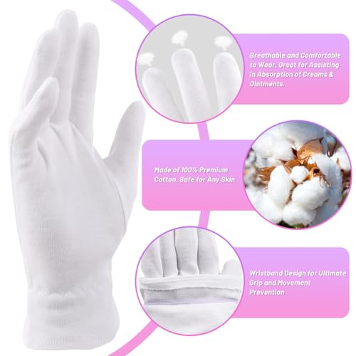 Selizo 100% White Cotton Moisturizing Gloves for Eczema & Dry Hands (12 Pairs)