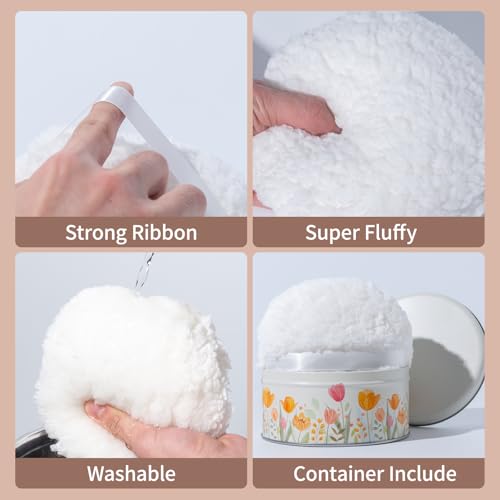 Large Body Powder Puff and Container Tin, 5.5¡± x 2.8¡± Powder Puff for Body Powder, Dusting Powder - Soft Powder Applicator Puff for Women, Reusable Empty Powder Container with Puff (White Puff & Case)