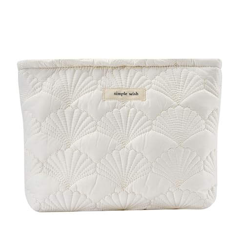 Quilted White Cotton Makeup Pouch - Floral Toiletry Bag for Women