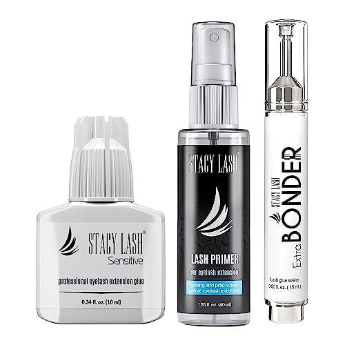 Sensitive Eyelash Extension Glue 10ml & Extra Bonder 15ml & Primer/Cleanser 40ml - Stacy Lash/Black Adhesive 5-6Sec Drying Time/Low Fume/Sealer/Protein Oil Remover/Professional Supplies
