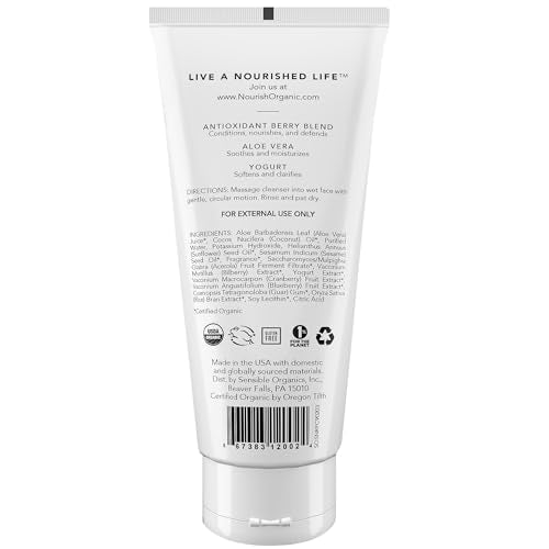 Nourish Organic Face Cleanser, Age Defense Bilberry & Arctic Berries ? Anti-Aging Face Wash with Aloe Vera + Washable Cotton Round (Pack of 2)