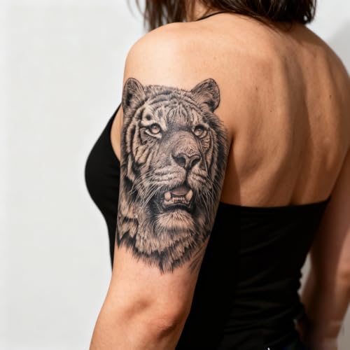 2 Sheets Realistic Animal Temporary Tattoos Stickers Sketch Lifelike Tiger Roar Designs For Men Waterproof Arm Leg Fake Body Art, Gym & Parties Bold Masculine Decals