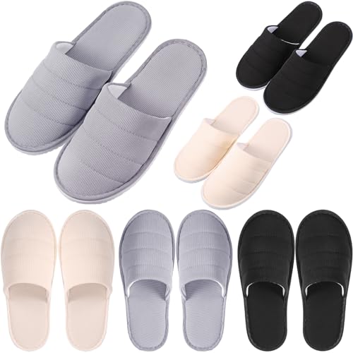 Breathffy 6 Pairs Disposable Slippers Bulk for Guests Comfortable House Spa Slippers Hotel Indoor Travel Slippers Women Men(Gray, Khaki, Black, Closed Toe)