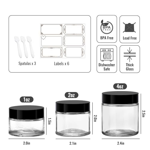 3 Pack Clear Glass Jars (4oz, 2oz, 1oz) with Lids & Spatulas