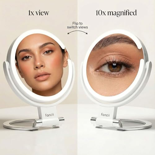 Fancii Travel Magnifying Mirror 10x /1x with Lights, Rechargeable | 9-Inch Extra Large LED Lighted Makeup Mirror, Folding Double Sided Portable Vanity Mirror, 3 Light Settings, Touch Sensor (Sadie)