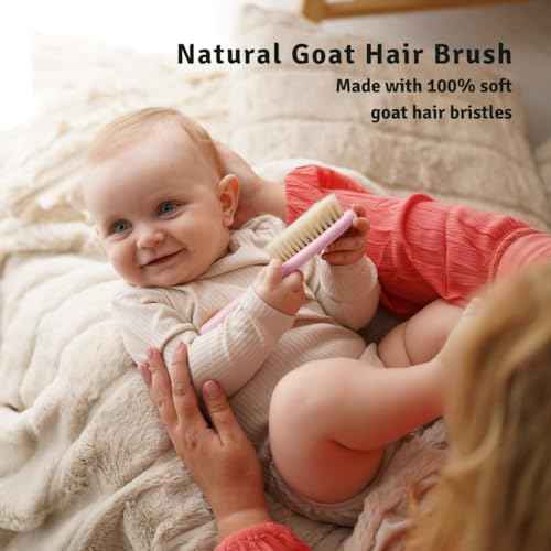 Baby Hair Brush - Ultra Soft Goat Bristles - Wooden Cradle Cap Brush for Newborns, Infants, Toddlers - Gentle Scalp Grooming and Styling for Baby Girls and Boys (Rosa)