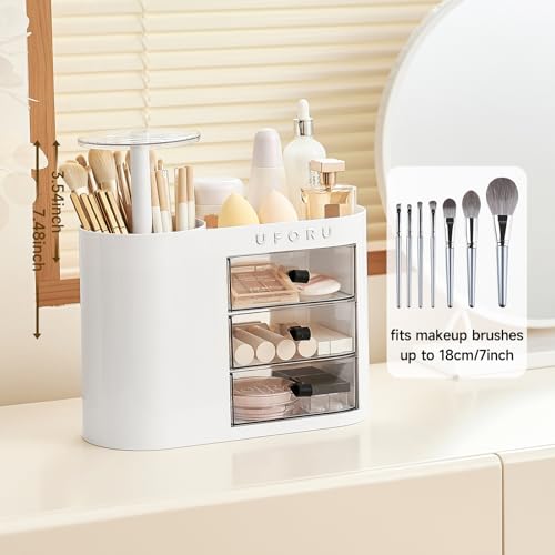 Makeup Organizer with Pop-Up Brush Holder for Dresser Vanity, Plastic Bathroom Counter Organizer with 3 Drawers & Dust-Proof Cover, Cosmetic Display Case for Lipstick, Skincare, White