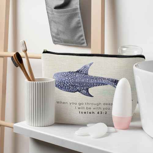 Whale Shark Christian Makeup Bag Pouch, Christian Shark Gifts for Women, Bible Verse Gifts Isaiah 43:2, When you go through deep waters I will be with you