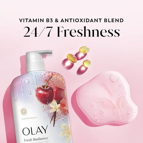 Olay Body Wash for Women, Fresh Radiance, 24/7 Skin-Loving Freshness, Visibly Radiant, Plant Based Cleansers, Vitamin B3 & Antioxidant Blend, For All Skin Types, Black Cherry & Vanilla Scent, 29 fl oz