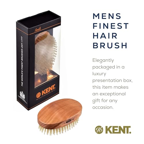 Kent MC4 Men's Hair and Beard Brush Kit: Exfoliating Natural Boar Bristle Hair Brush, Cherrywood Base with Firm Bristles for Coarse Hair Types - LPC3 Brush Cleaner - Premium Grooming Set