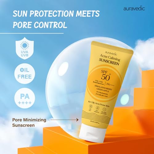 Auravedic Acne Calming Sunscreen SPF 50 PA++++ | Oil-Free Broad Spectrum UVA/UVB Face Sunscreen with 5% Niacinamide & 2% Salicylic Acid | For Oily & Acne-Prone Skin | 2.12 Oz (60g)