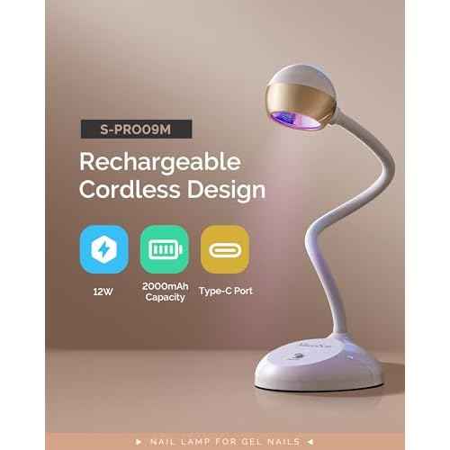 MelodySusie Gooseneck Cordless UV Nail Lamp with Adjustable Light Angle, S-Pro09M 2-In-1 Rechargeable Fast Curing Nail Dryer Cures All Gels, Especially Rhinestone Glue & Liner Gel Polish