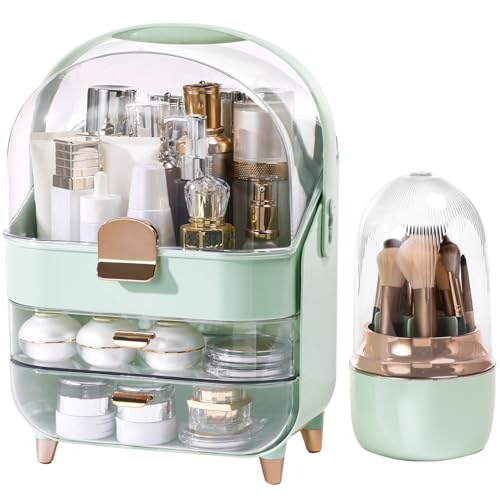 Large Capacity Makeup Organizer with Brush Holder & 2 Drawers - Green