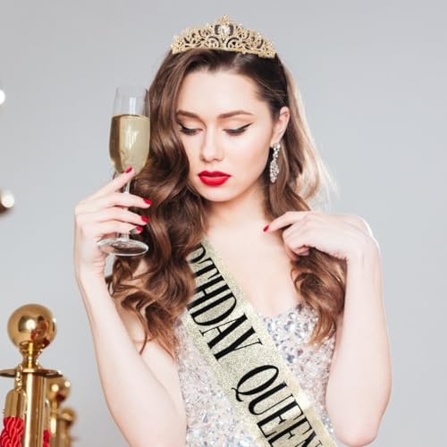 Birthday Queen Gold Sash & Rhinestone Tiara Set