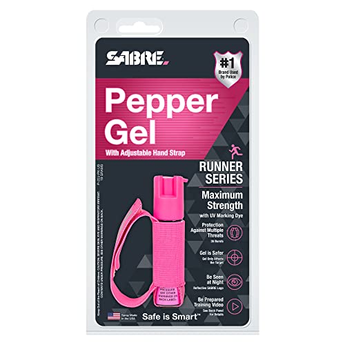 SABRE Runner Pepper Gel, Maximum Police Strength OC Spray, Reflective Hand Strap for Easy Carry & Quick Access, 0.67 fl oz, Secure & Easy to Use Safety, Optional Clip-On Alarm & LED Armband Combos