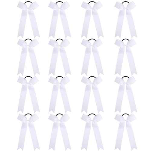 OAOLEER 16pcs Cheer Hair Bows for Cheerleader, College Style Long Tail Skinny Cheer Bow Elastic Hair Tie Bows for Teens Girls Softball Competition Sports Cheerleaders (White)