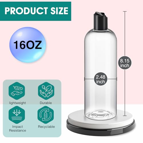 3 Pack 16oz Clear Refillable Squeeze Bottles with Disc Top Caps