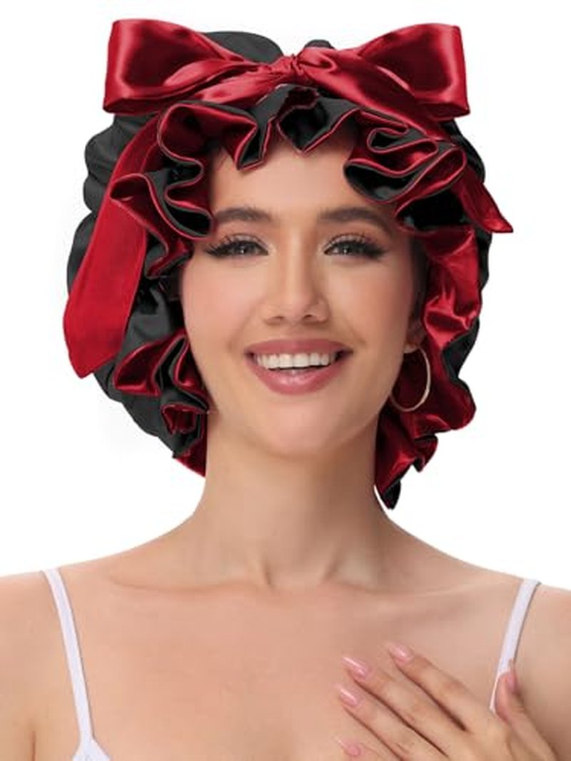 Satin Hair Bonnet for Sleeping with Adjustable Tie Band - Black