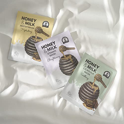 BOM COSMETICS Honey & Milk Vitamin Mask 10ea 0.84 oz Deep Hydration, Sensitive Skin Friendly Hypoallergenic Sheet Mask With Honey & Milk Extract & 13 Vitamins, Korean Skincare Face Mask