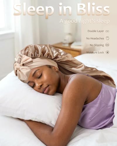 AWAYTR Long Satin Bonnet for Braids - Double Layer Sleep Cap, Champagne, One Size