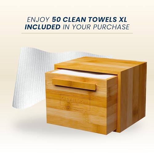 Clean Skin Club Luxe Bamboo container with pullout drawer includes Clean Towels¢ç Original XL 50 Count, Disposable Face Towel Holder for Bathroom Counter